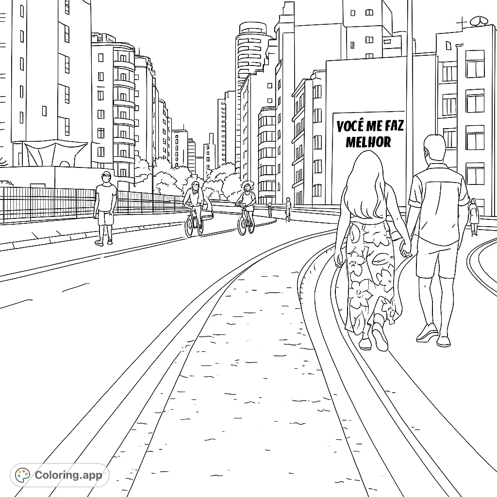 Explore a dynamic urban cityscape featuring a couple strolling hand-in-hand, cyclists, and towering buildings. A detailed city street coloring page.