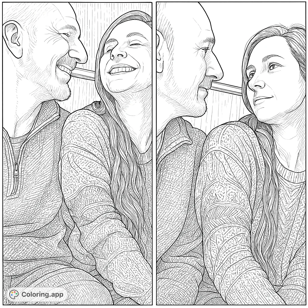 Capture the warmth of human connection with this intricate portrait of a smiling couple. A realistic design for a meaningful coloring experience.
