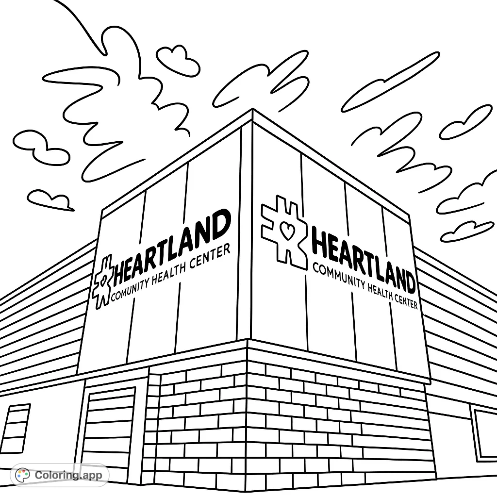 A modern community health center building with glass facades and textured walls under a vast sky. Perfect for architectural coloring.