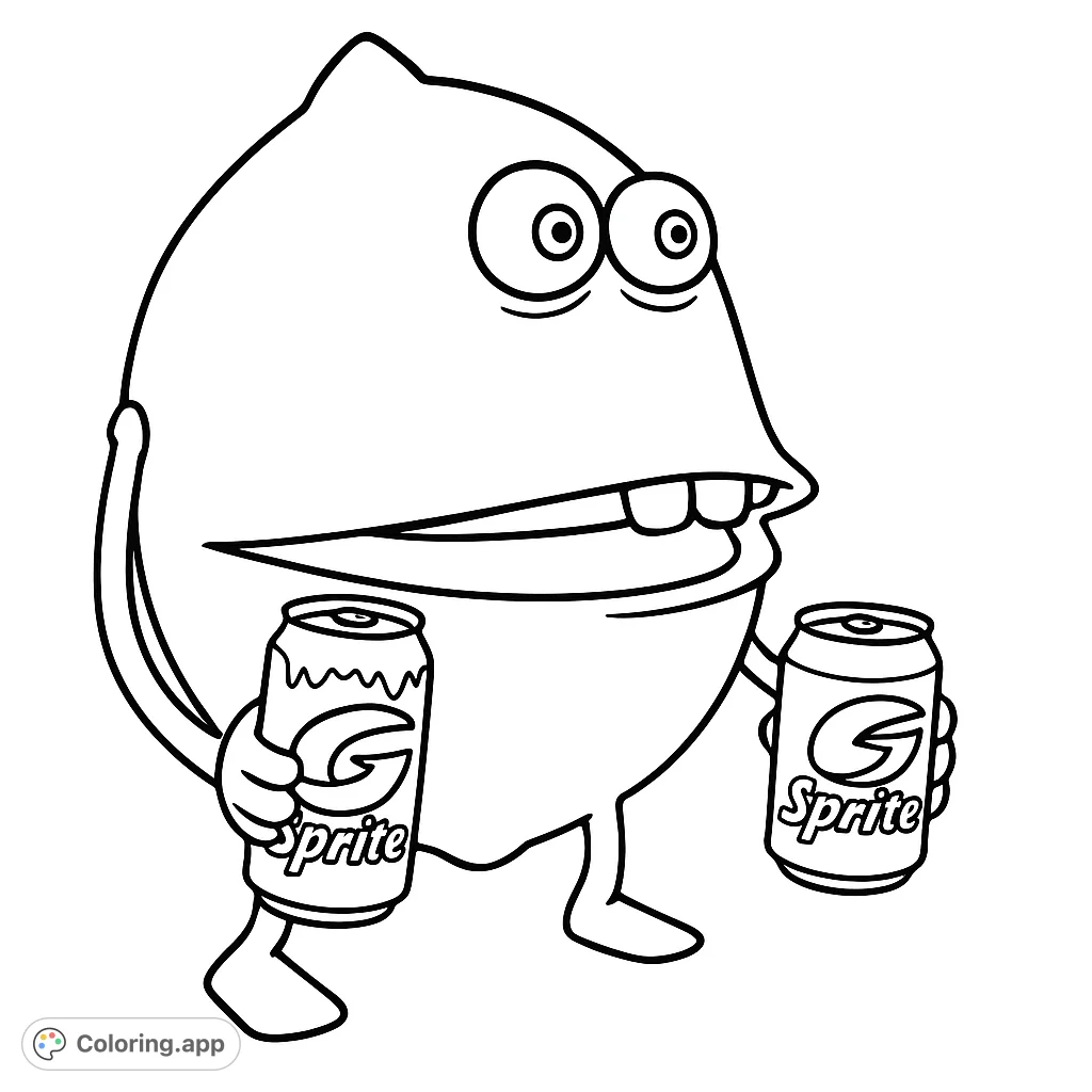 A quirky lemon-shaped character with expressive eyes and a wide smile, holding two beverage cans. A fun and unique coloring page.