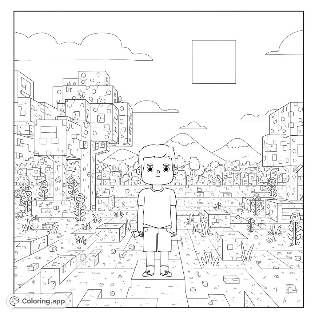 Explore a blocky world with James! This free printable Minecraft coloring page features a young boy in a pixelated landscape, perfect for kids.