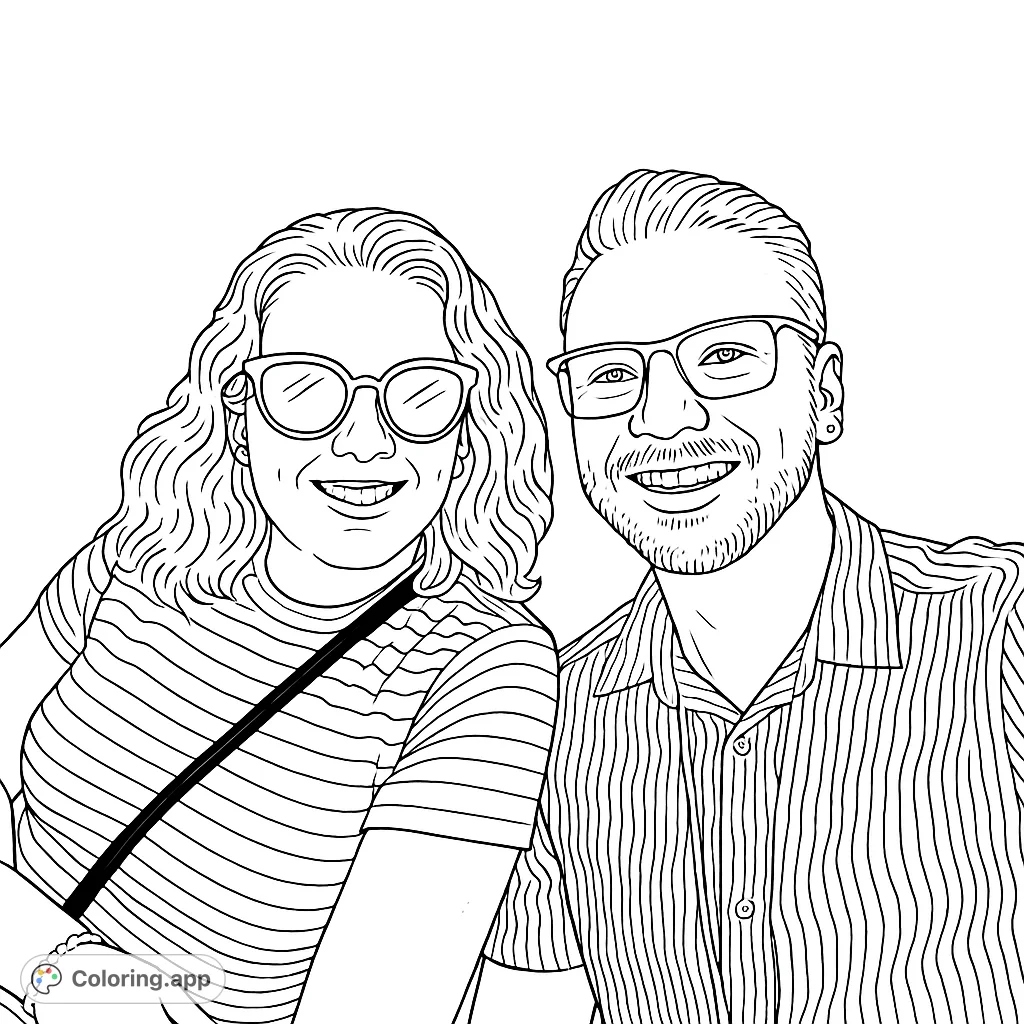 Capture joy with this smiling duo portrait coloring page. Features a woman with sunglasses and a man with glasses, both with striped attire.