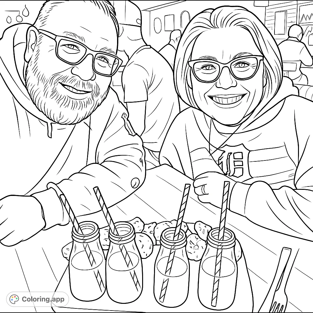 A cheerful couple enjoying milk and cookies at a cafe, perfect for a relaxing coloring session.
