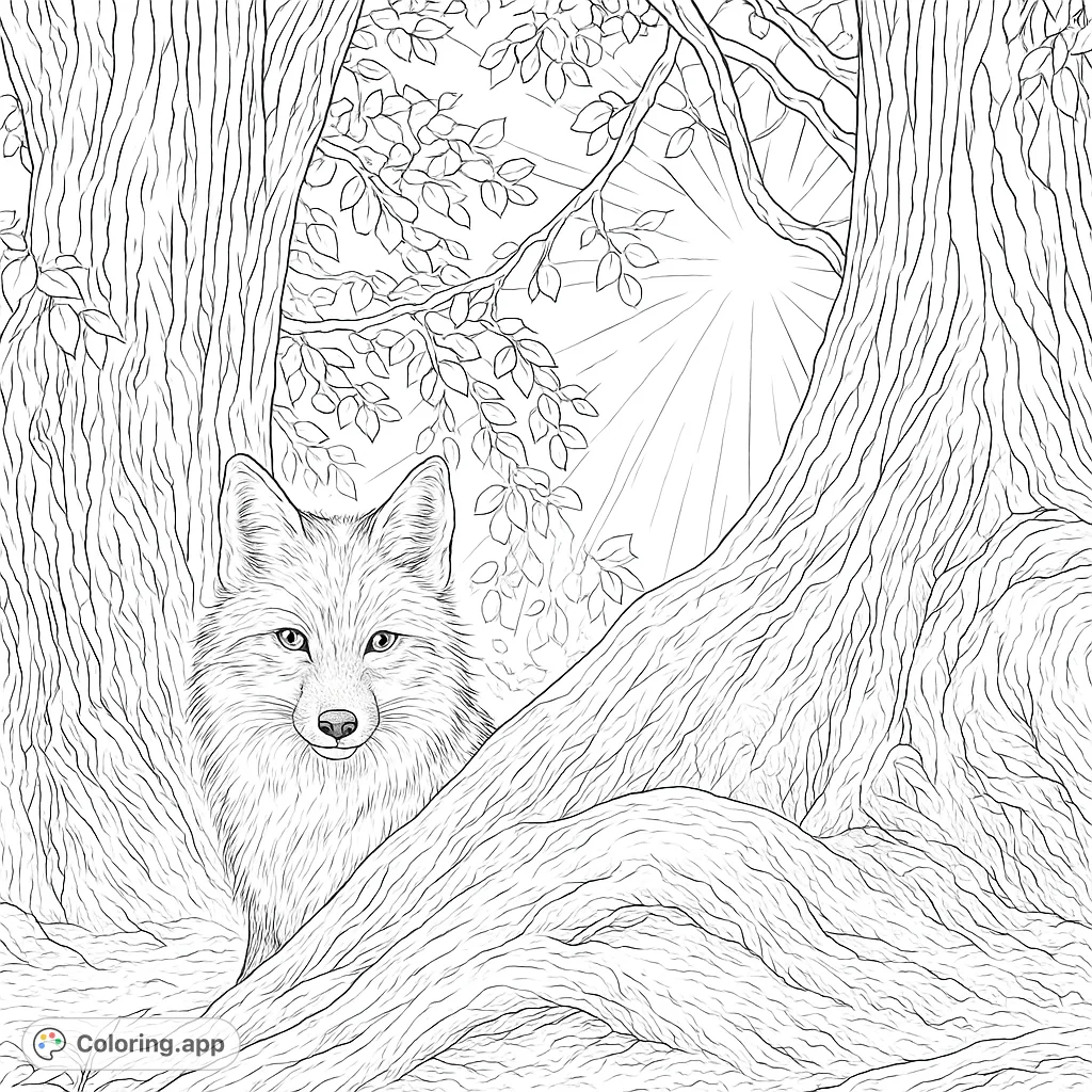 Discover a realistic fox peeking from ancient trees in this detailed forest coloring page. Perfect for adults seeking a zen, nature-inspired escape.