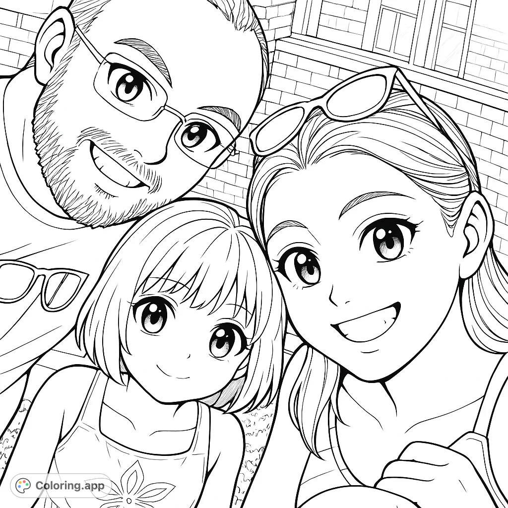 Capture heartwarming family joy with this anime-inspired portrait. Features a smiling man, woman, and child in a close-up, perfect for personalizing.
