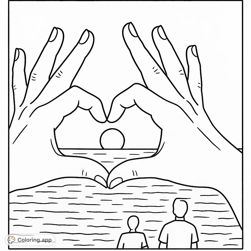 A heartwarming scene of hands forming a heart around a setting sun over tranquil waters, with distant figures enjoying the view.