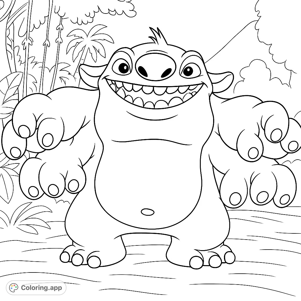 A cheerful, stout alien creature with a wide grin and multiple limbs stands ready for a creative splash of color in a jungle setting.