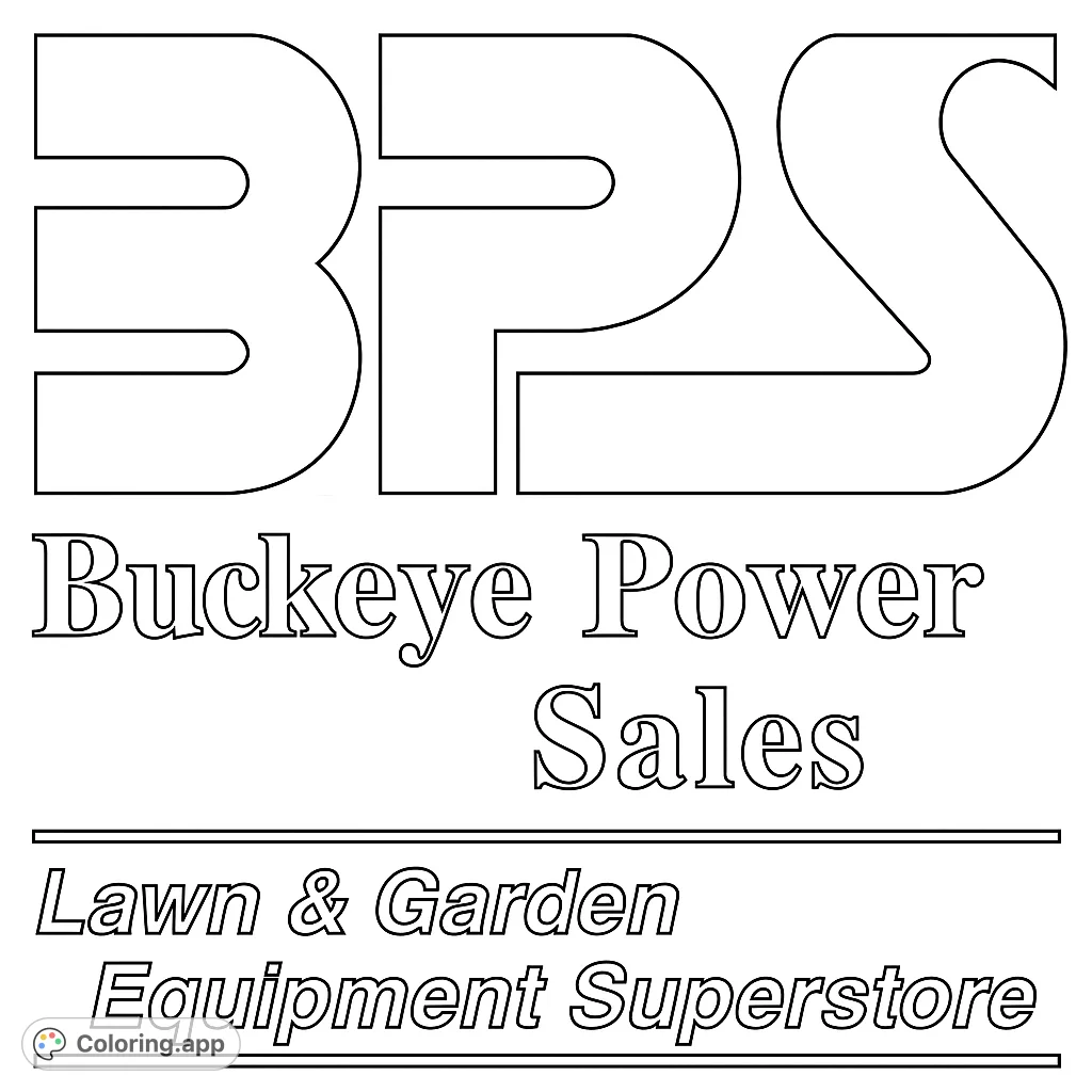 A bold BPS logo with distinct letterforms, accompanied by 'Buckeye Power Sales' and 'Lawn & Garden Equipment Superstore' text, perfect for creative typography coloring.