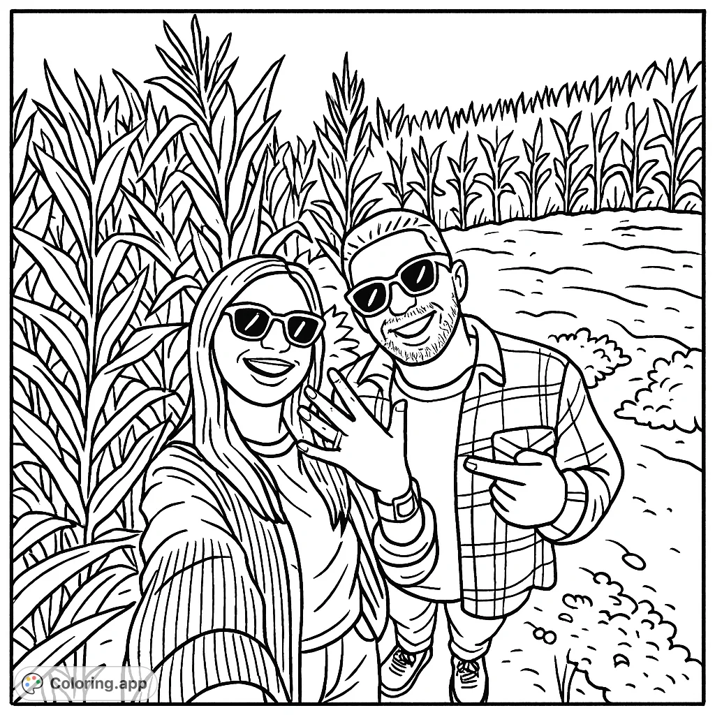 Celebrate love with this charming coloring page featuring a happy couple in a cornfield, perfect for a unique and heartfelt coloring experience.