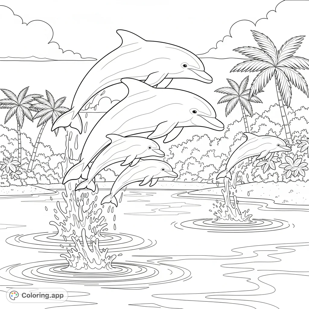 Dive into a serene tropical scene with a playful dolphin family. A tranquil lagoon and lush island await your creative touch in this free printable coloring page.