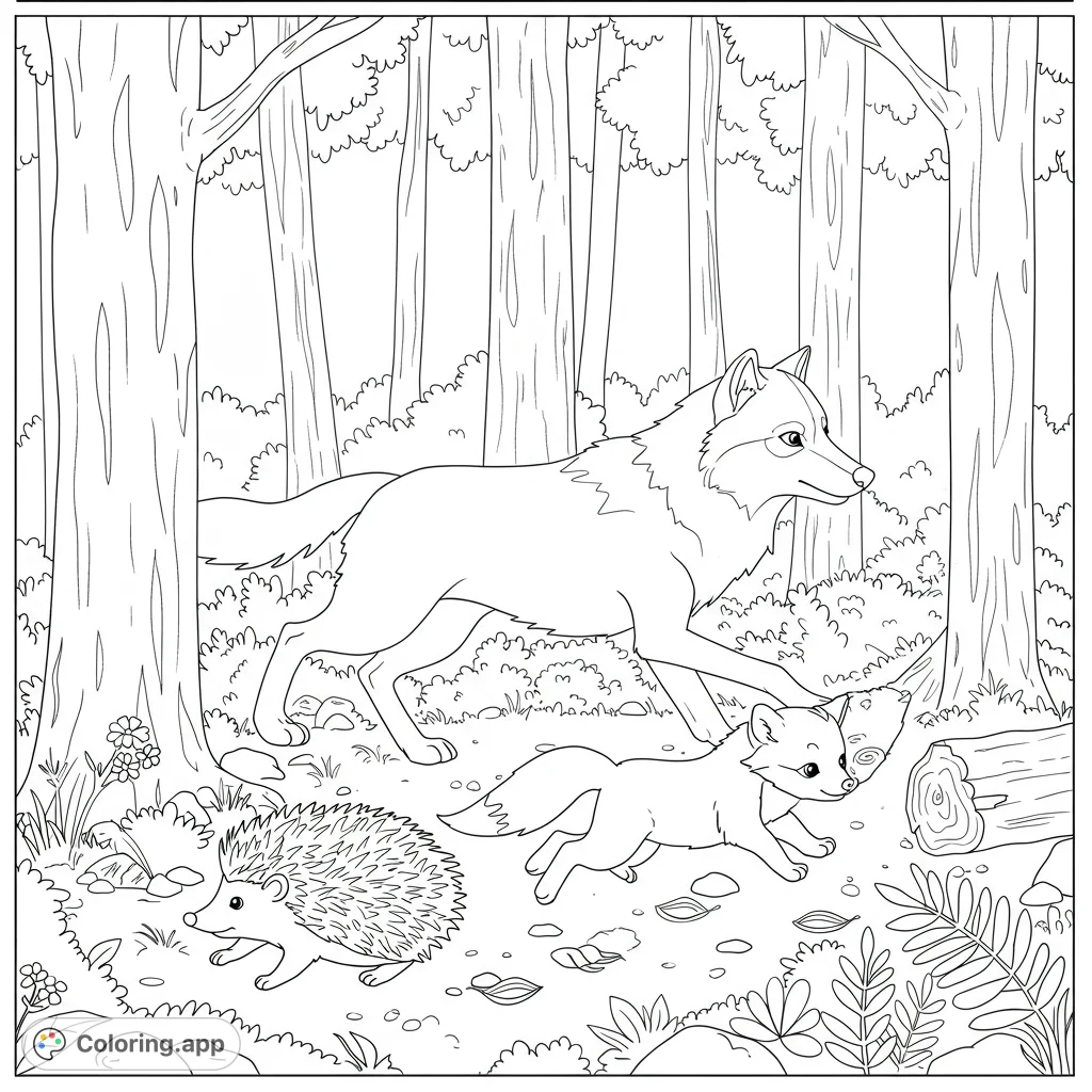 Experience a thrilling forest chase! A brave hedgehog and a swift baby fox flee from a determined wolf amidst towering trees and textured foliage.