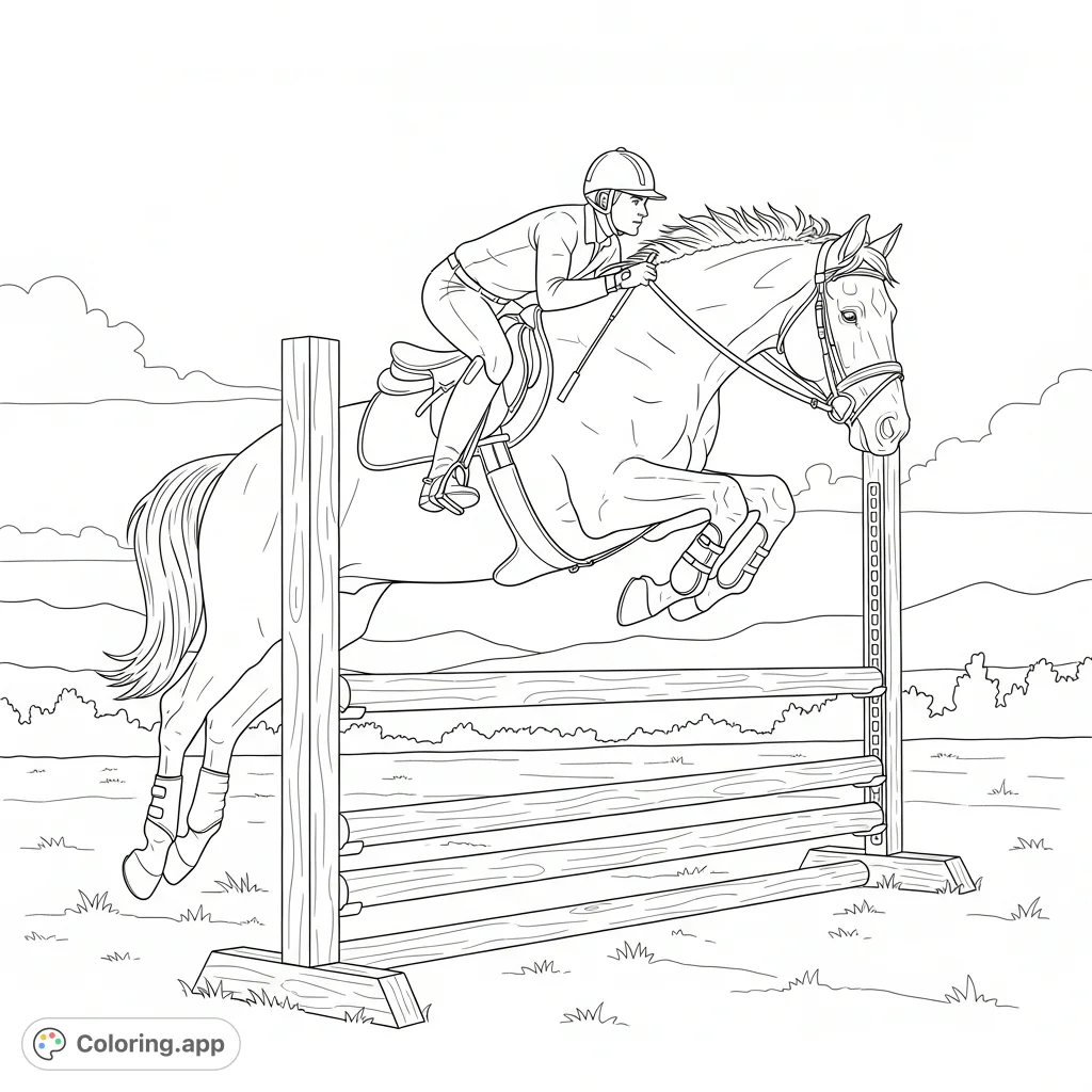 A dynamic horse and rider soar over a timber hurdle in an open field. This engaging horse jumping coloring page captures the thrill of equestrian sport.