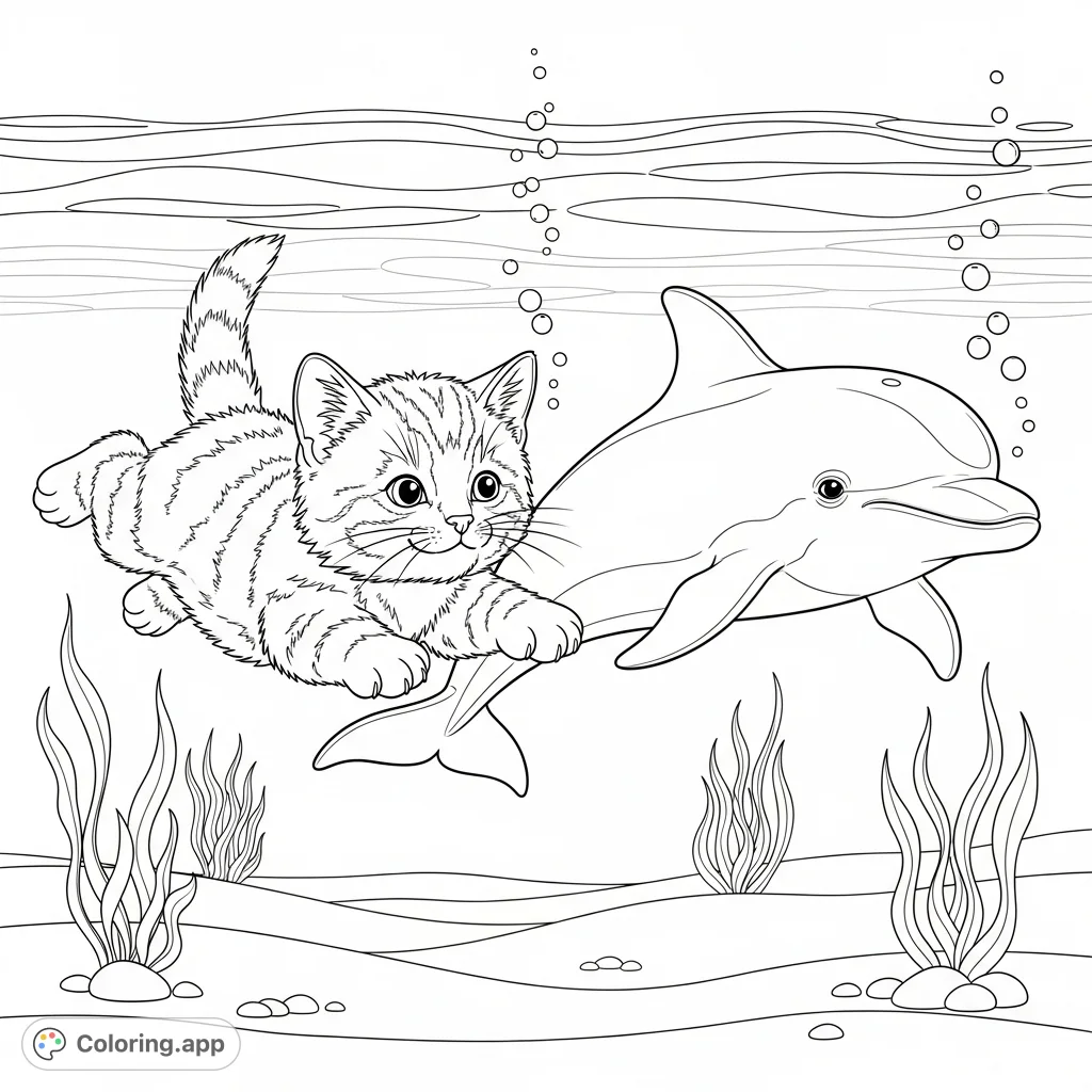 Dive into a whimsical underwater adventure! A playful kitten swims alongside a baby dolphin, surrounded by gentle ripples and aquatic plants.