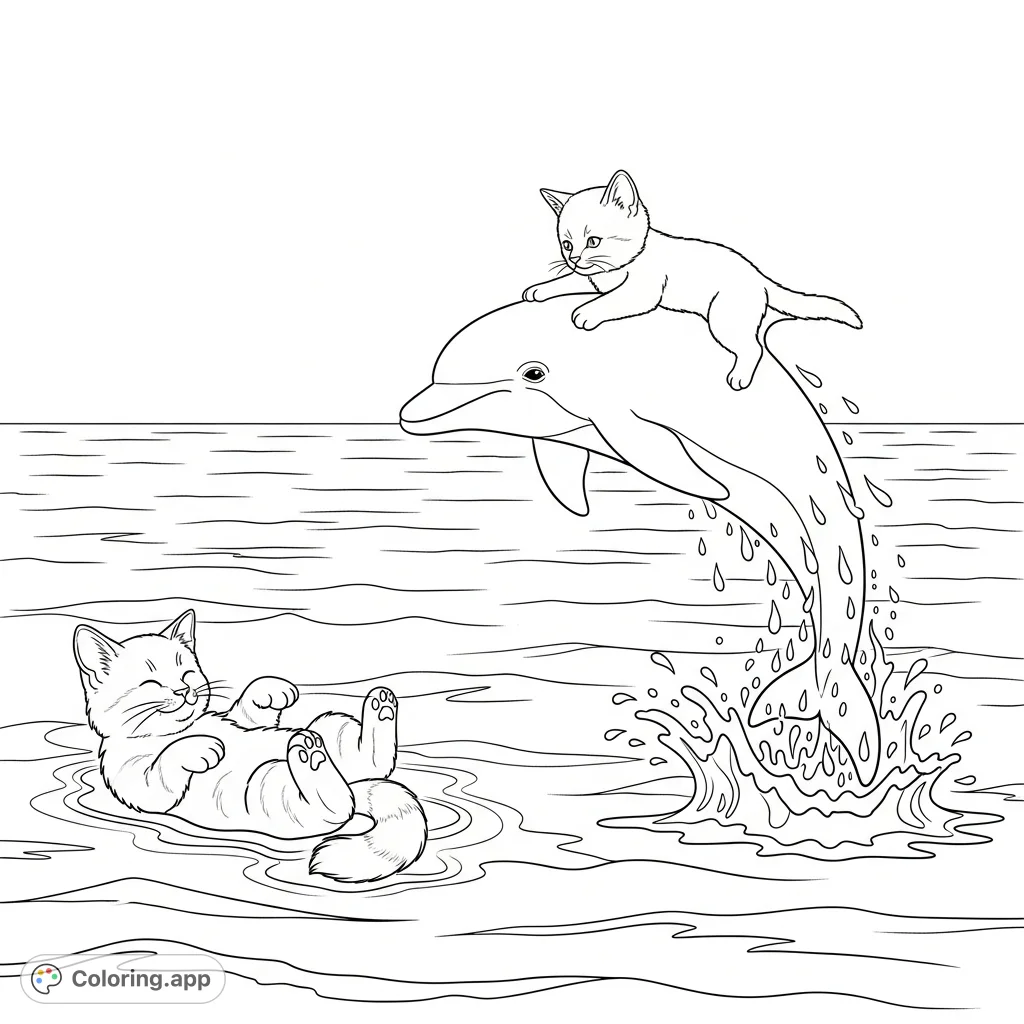 Two playful kittens enjoy an ocean adventure, one floating serenely while another rides a majestic dolphin leaping from the waves.