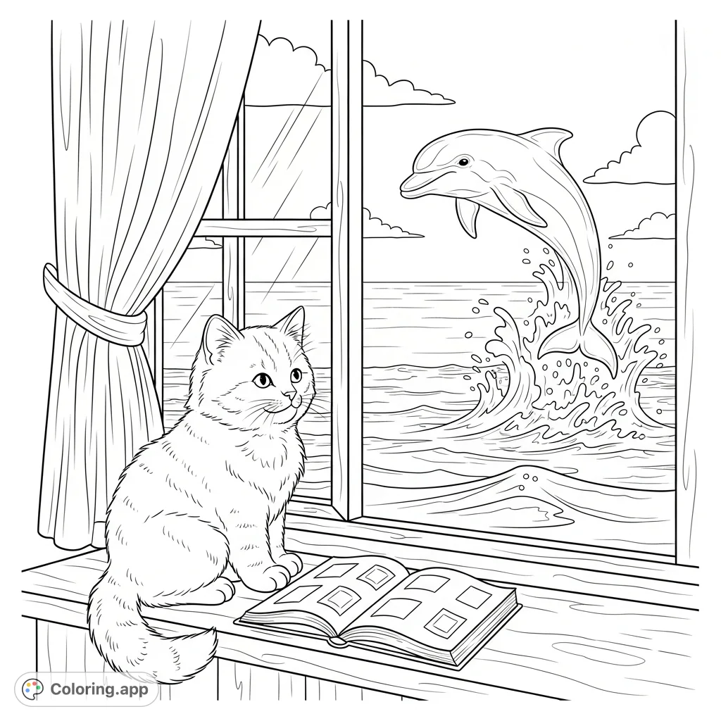 A charming kitten engrossed in a book by an open window, while a playful dolphin leaps from the ocean outside. A delightful free printable animal coloring page!