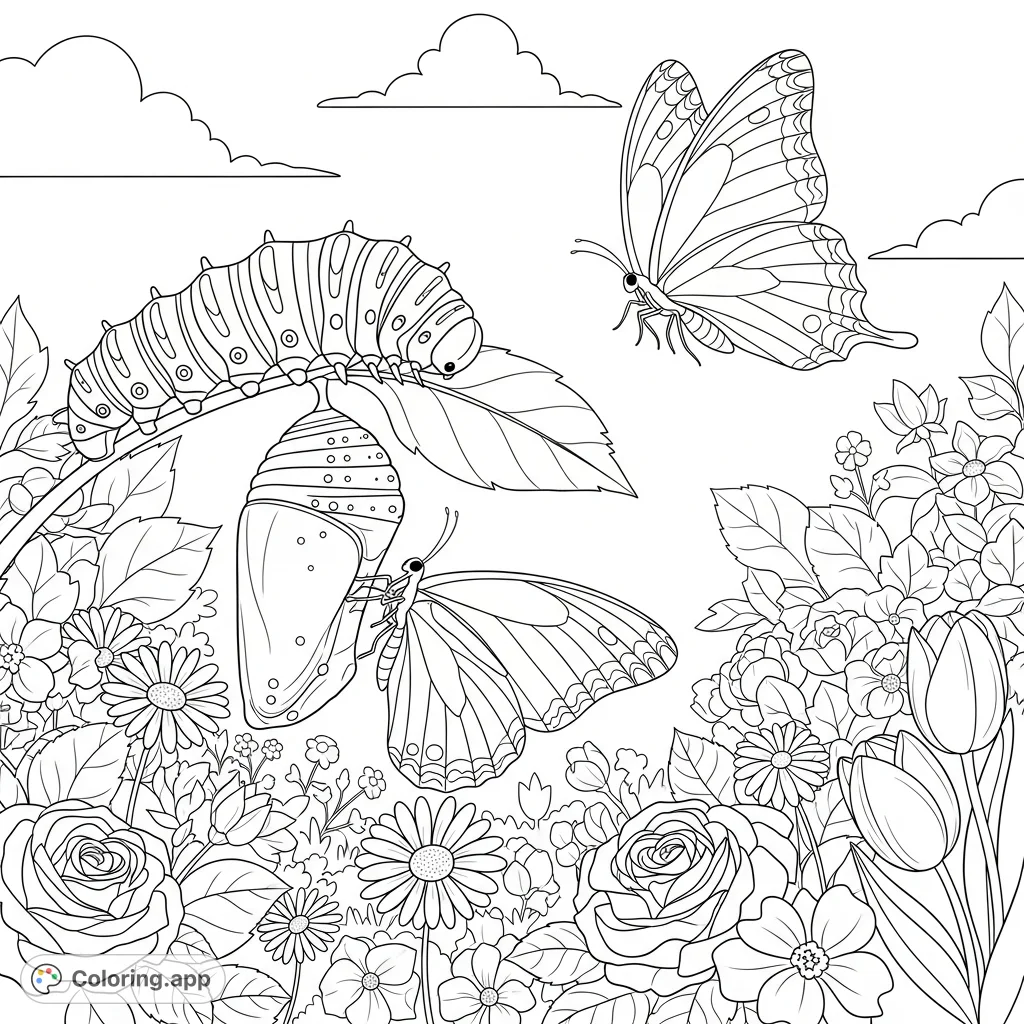 Witness nature's transformation! A caterpillar in a chrysalis becomes a butterfly, then flies over a vibrant garden of flowers.