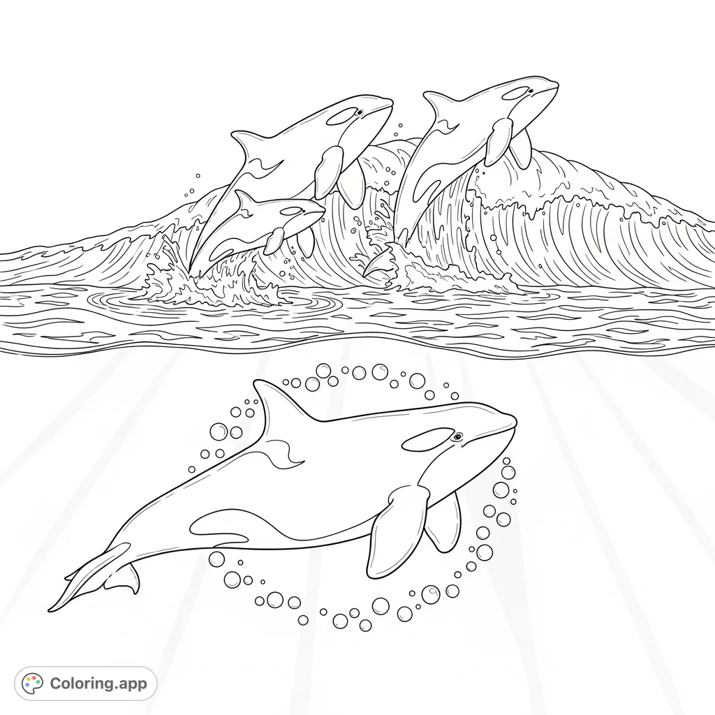 Dive into a captivating orca coloring page! An underwater orca glides through bubbles while its family leaps majestically from a grand ocean wave.