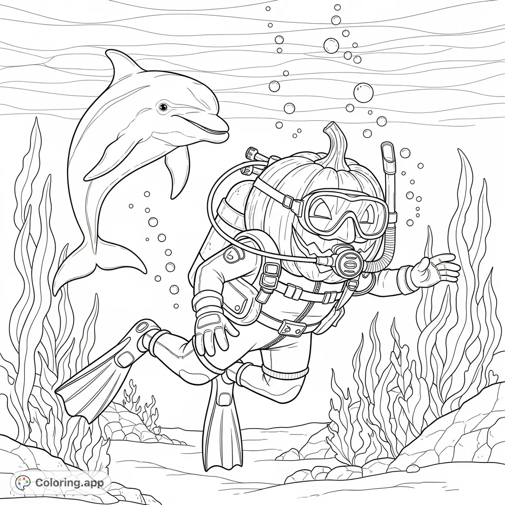 A whimsical pumpkin in a scuba suit playfully pursues a graceful dolphin through an enchanting underwater world, filled with bubbles and marine life. A fun, unique coloring adventure.