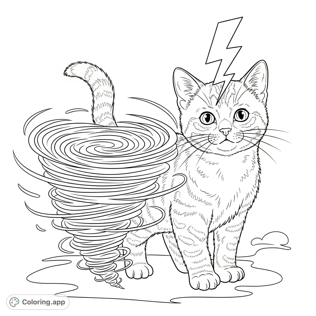 A playful kitten with a dynamic whirlwind around its waist and a striking lightning bolt on its head. A unique and energetic free printable kitten coloring page.