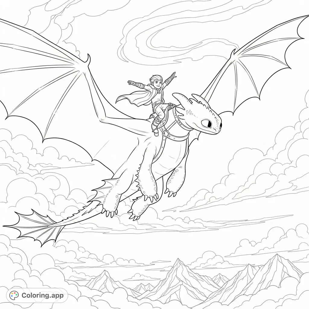 Soar through the skies with Winger from How to Train Your Dragon and Jack as they perform an exhilarating aerial trick amidst swirling clouds and mountain peaks.