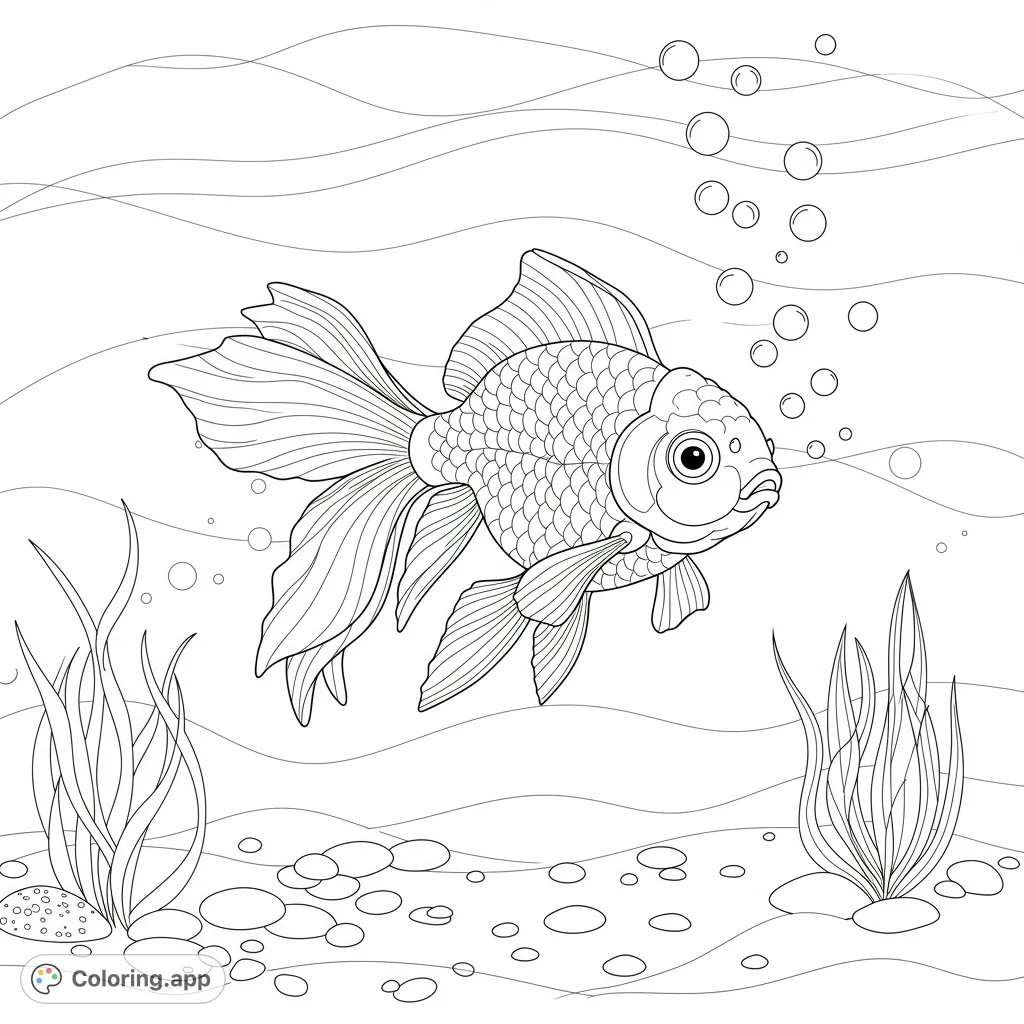 Dive into an enchanting goldfish coloring page! A plump goldfish swims amidst ascending bubbles in a serene ocean scene.