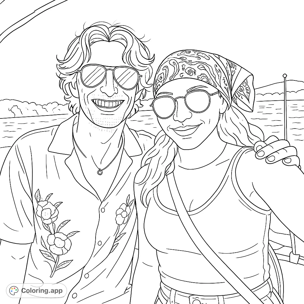 A happy couple enjoys a boat trip, featuring detailed clothing patterns and a scenic water background. Perfect for travel and portrait enthusiasts.