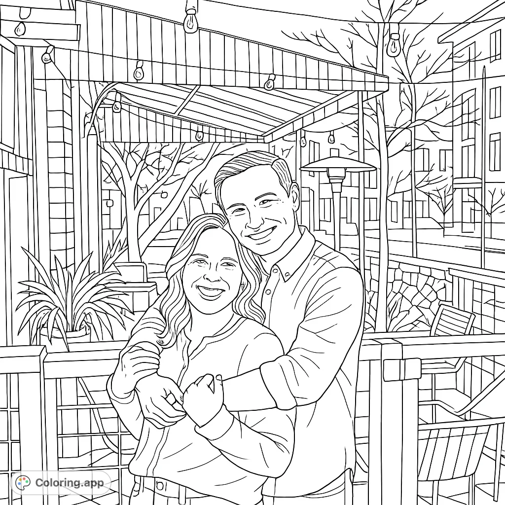 Capture a heartwarming moment with this couple's outdoor cafe embrace coloring page. Features a smiling duo in a charming patio setting with string lights.