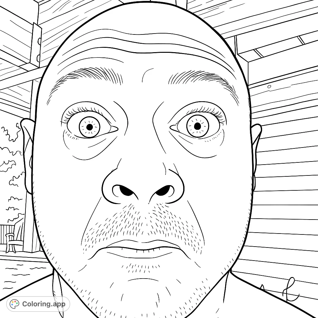 A striking close-up of a man's surprised face, featuring detailed facial expressions, forehead wrinkles, and stubble. Perfect for expressive coloring.