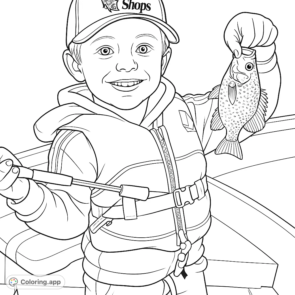 A happy child proudly displays a freshly caught fish from a boat, set against a scenic lake and forested hills.