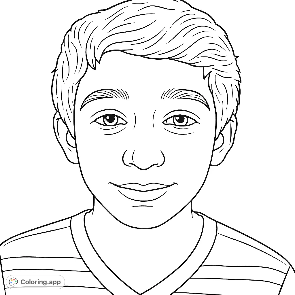 A charming portrait of a young boy with a gentle smile, perfect for a personalized coloring experience. Features a striped shirt.