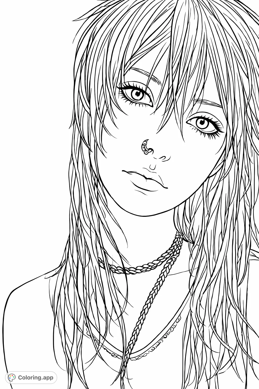 An expressive portrait of a person in alternative style, featuring layered hair, detailed eye makeup, and distinctive accessories.