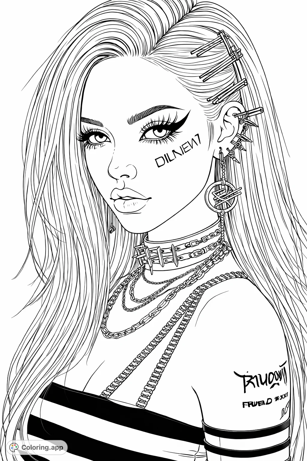 A striking portrait of a woman with multi-toned hair, intricate cybernetic accessories, bold makeup, and unique tattoos, offering a canvas for creative expression.