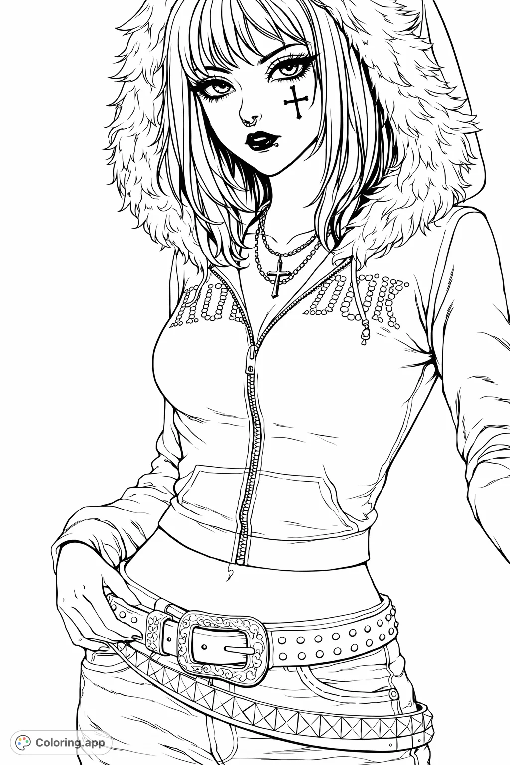 An edgy goth fashionista coloring page featuring a character with intricate makeup, studded accessories, and a fur-lined hoodie, set against a textured wall.