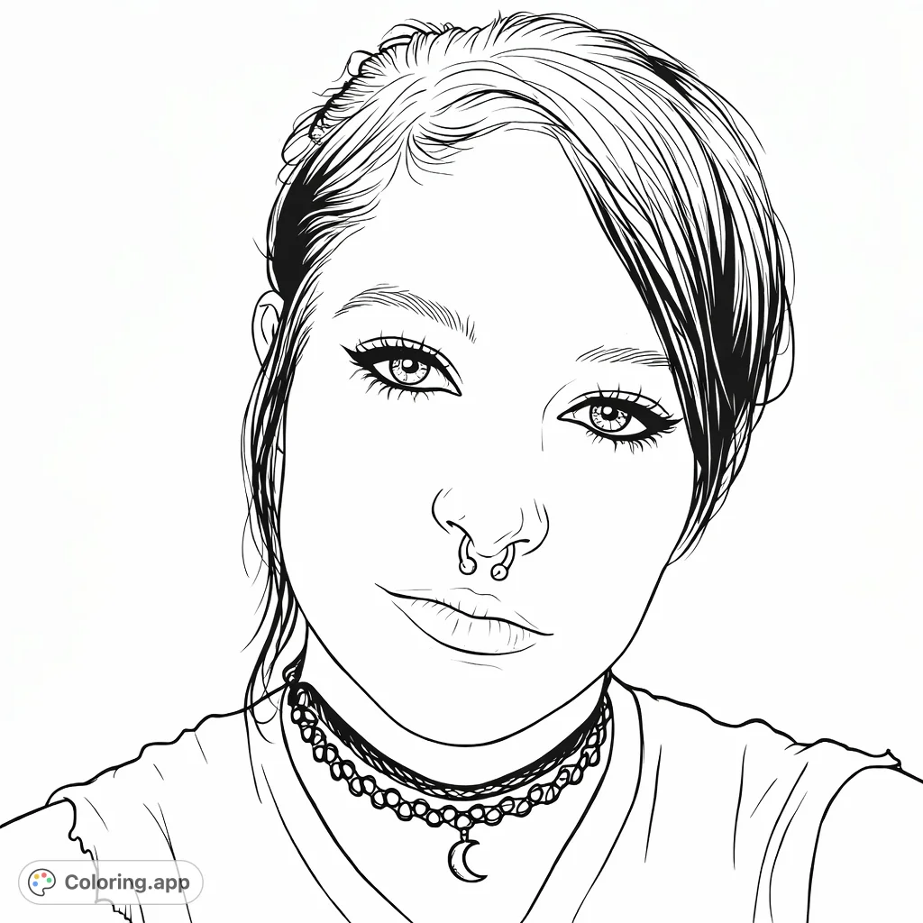 An alternative portrait coloring page featuring an individual with a unique hairstyle, detailed eye makeup, and a moon choker, offering expressive coloring.