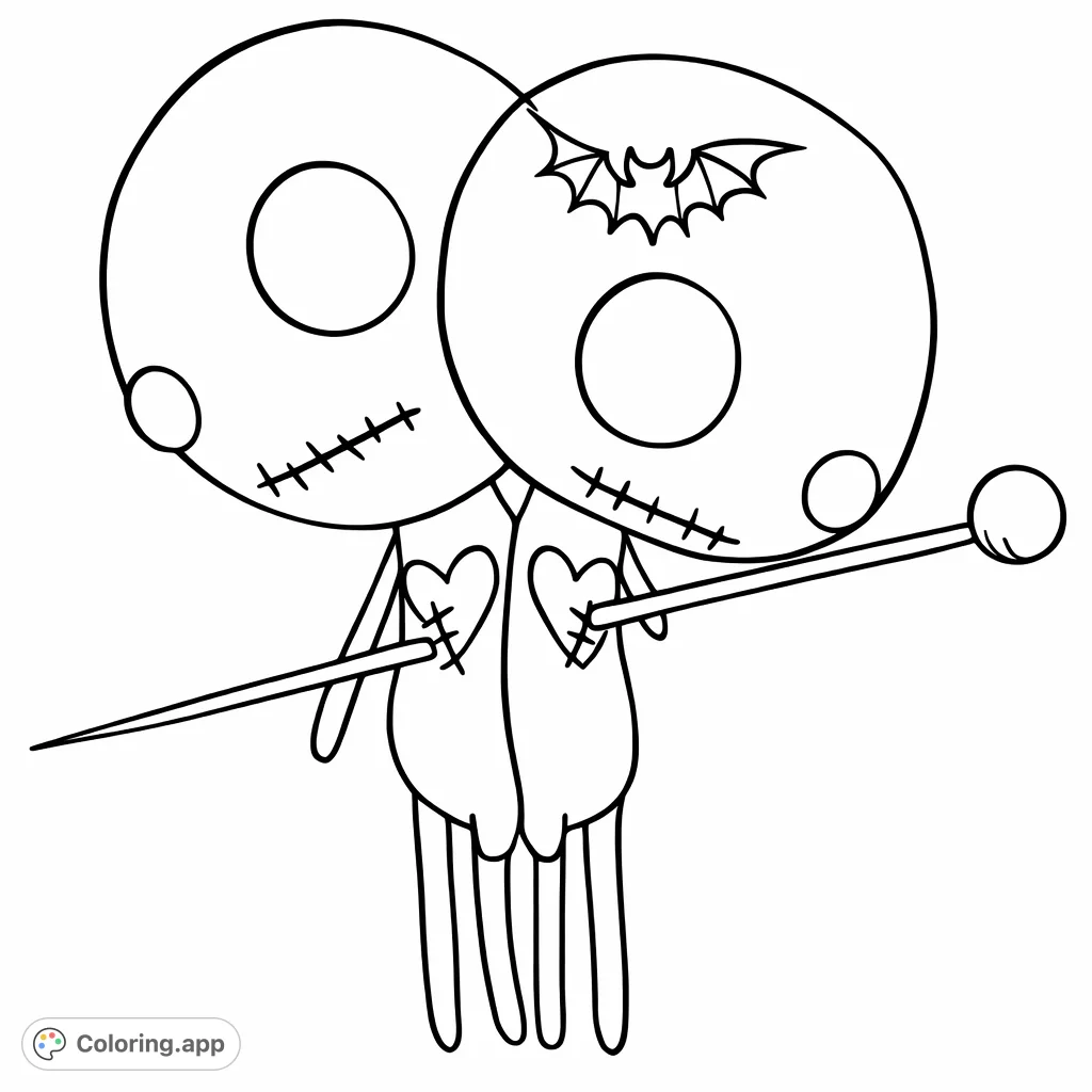 Two eerie, stitched doll figures share a heartfelt bond, pierced by pins. A captivating gothic-inspired design for those who enjoy unique artistry.