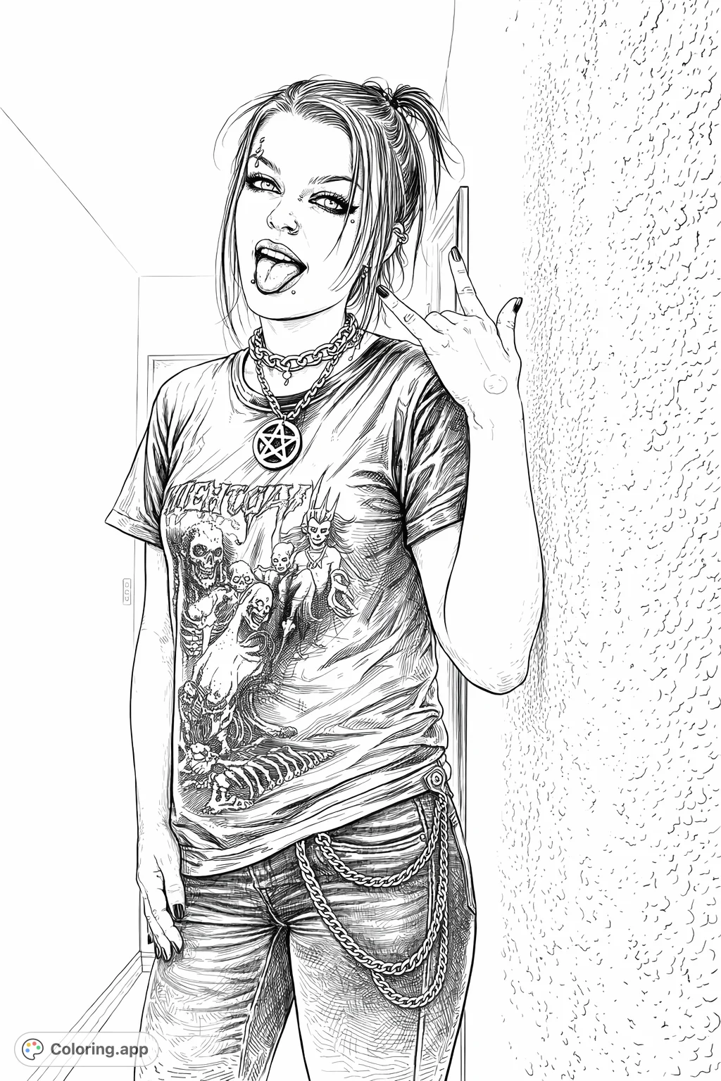 Capture the edgy spirit of this rock-inspired design. Featuring a detailed figure with unique style, this coloring page offers intricate elements to bring to life.