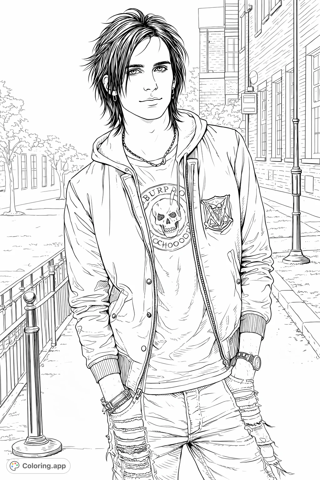 Capture the essence of alternative fashion with this striking portrait. Featuring a person in layered attire and unique accessories against an urban backdrop.