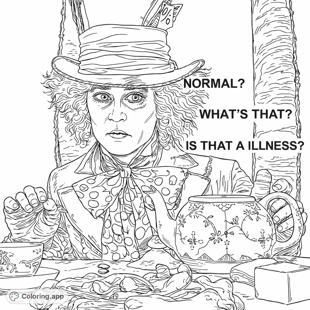 Embark on a fantastical journey with this Mad Hatter coloring page, featuring the iconic character at a whimsical tea party, inviting your creative touch.