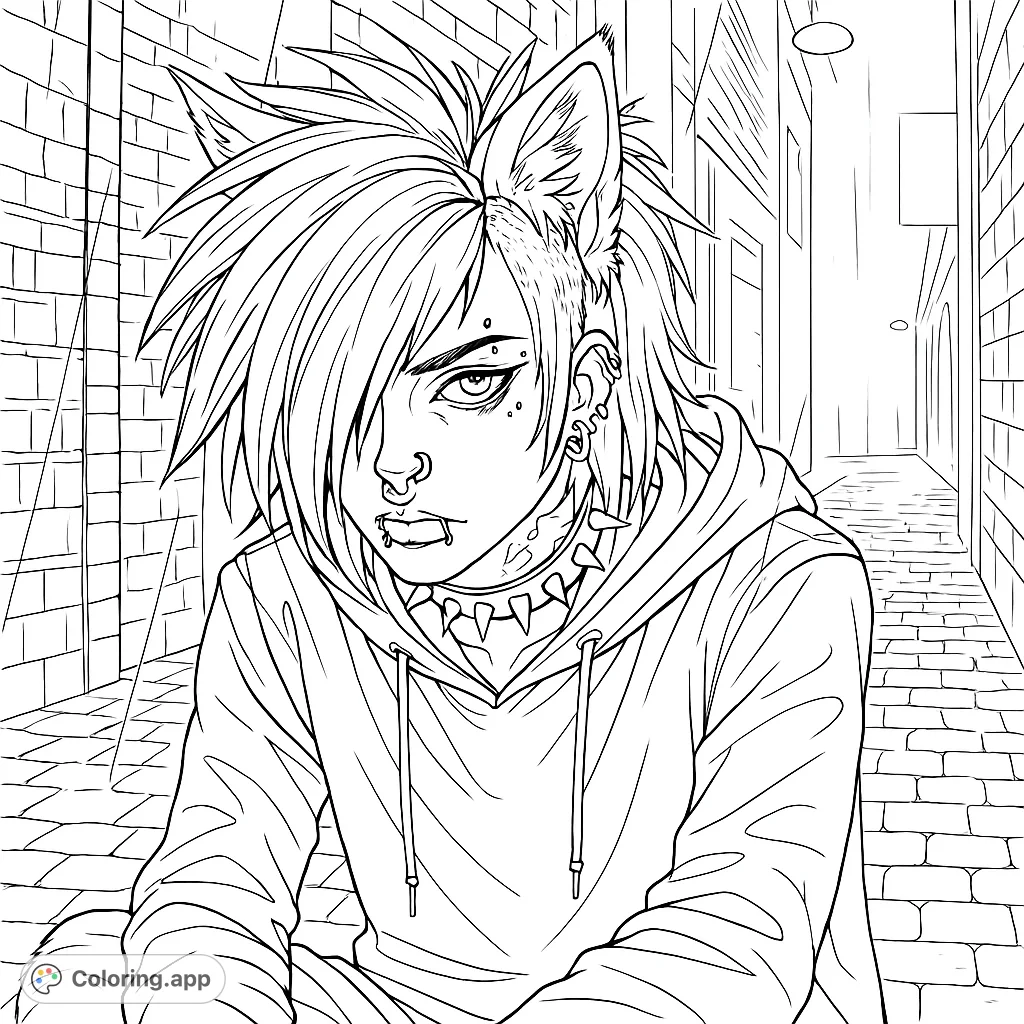 An alternative character with animal ears, spiky hair, and multiple piercings, set in a detailed urban alleyway with graffiti. Perfect for expressive coloring.