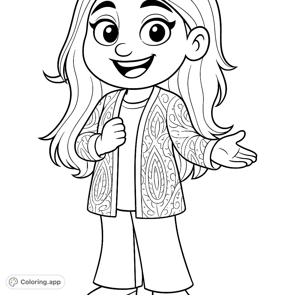 A cheerful character in a beautifully patterned jacket and wide-leg pants, ready to be brought to life with your creative colors.