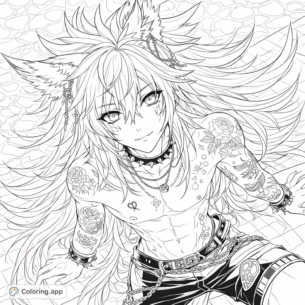 Dive into coloring this edgy anime character with wolf ears, spiky hair, and intricate tattoos. Relax poolside and bring this detailed scene to life with your favorite hues.