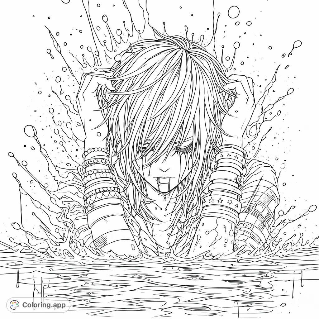 A dramatic emo character emerges from water, hands on head, surrounded by expressive splatters and intricate accessories. Perfect for alternative art fans.