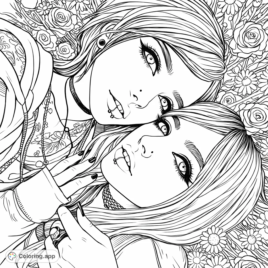 Color two striking figures with alternative style, detailed makeup, piercings, and tattoos, nestled among scattered roses and delicate flowers.