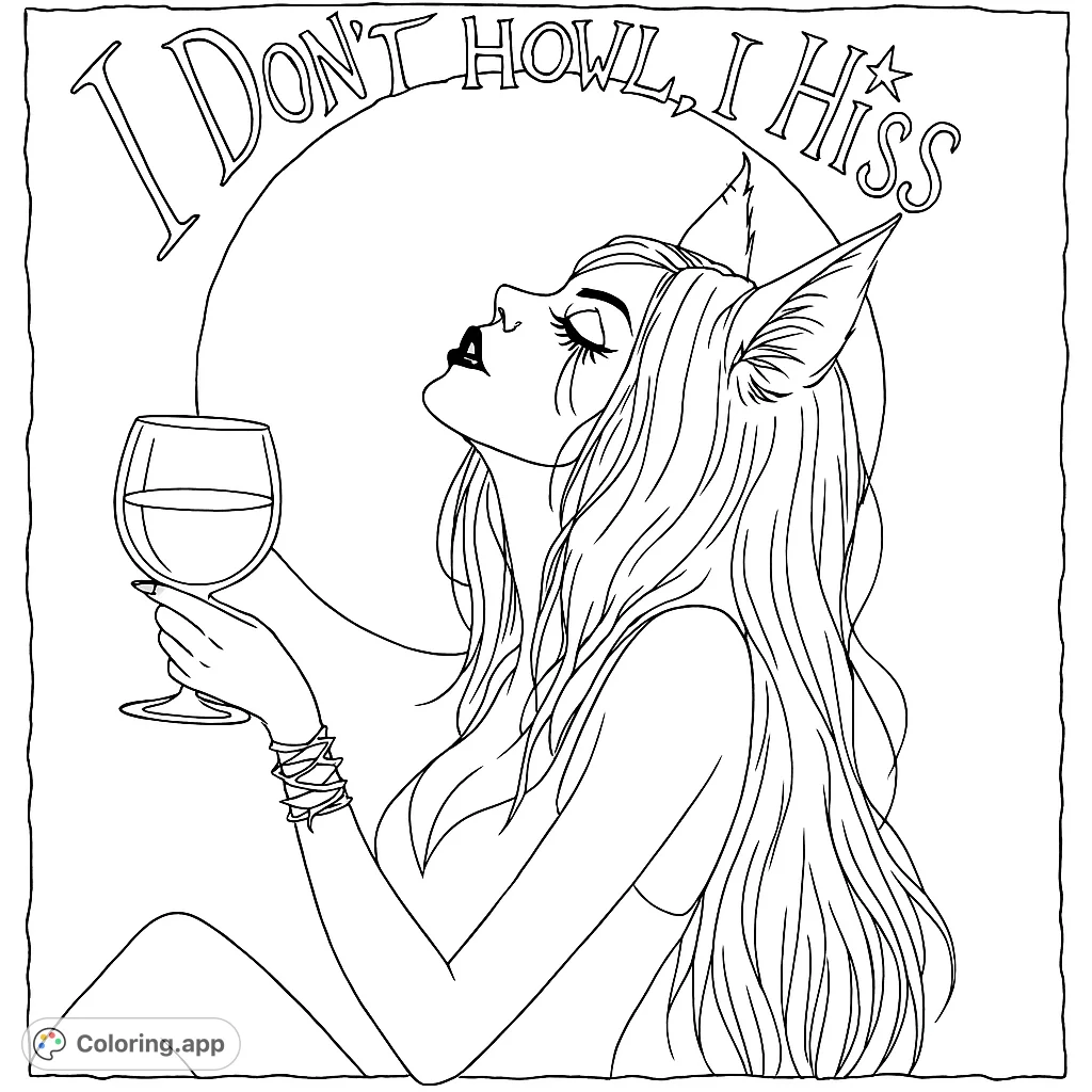 A mysterious figure with animal ears and flowing hair holds a glass under a large moon, evoking a dramatic, gothic atmosphere. Perfect for adult colorists.