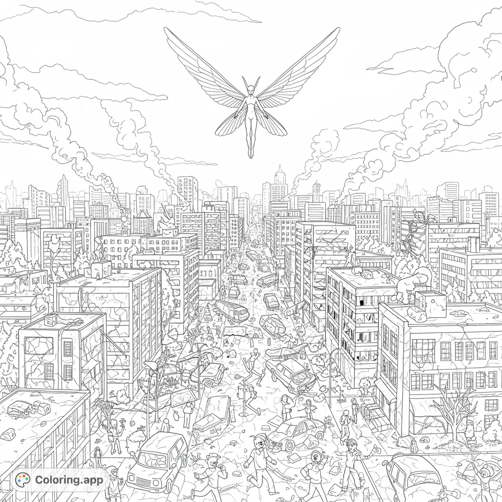 A powerful winged figure looms over a city in disarray, with damaged buildings and panicked citizens. A dramatic scene for a unique coloring experience.