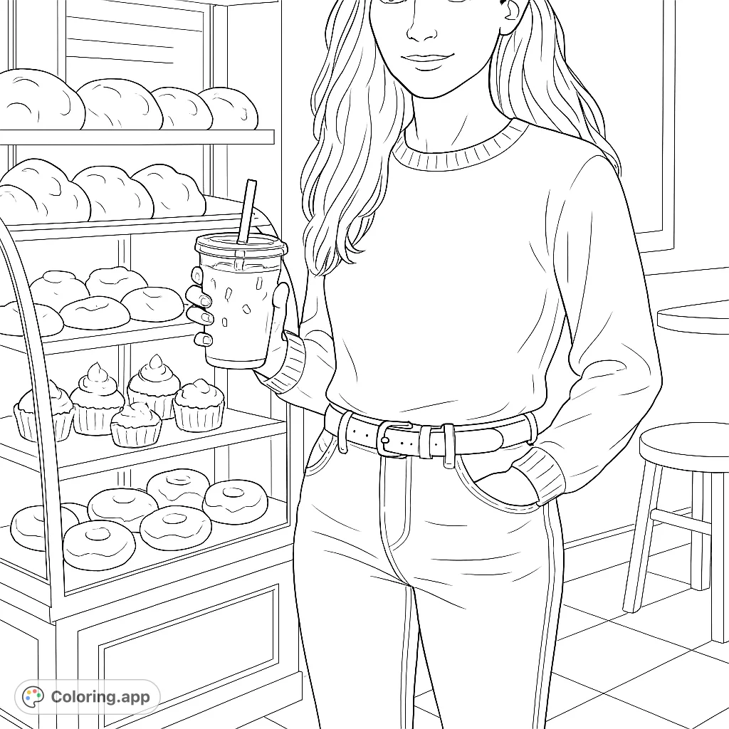 A young woman enjoys a refreshing drink in a cozy bakery, surrounded by delicious pastries and fresh bread. A delightful scene for coloring.