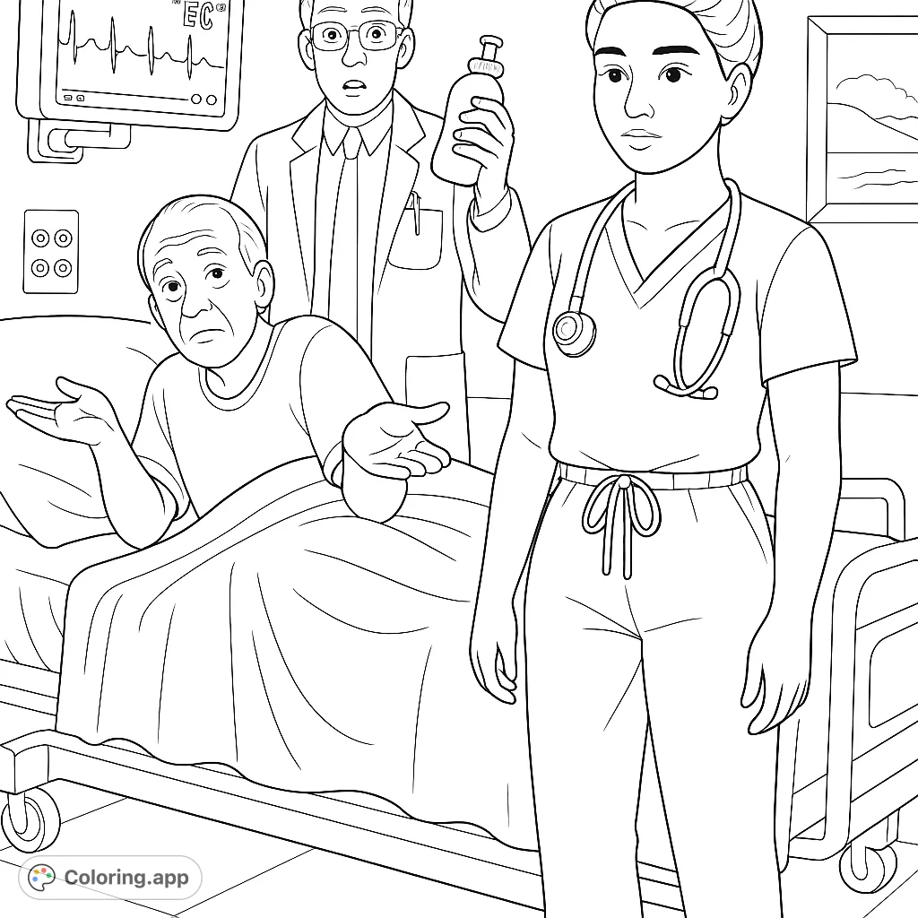 A detailed hospital room scene featuring a patient, doctor, and nurse, perfect for medical theme coloring page enthusiasts.