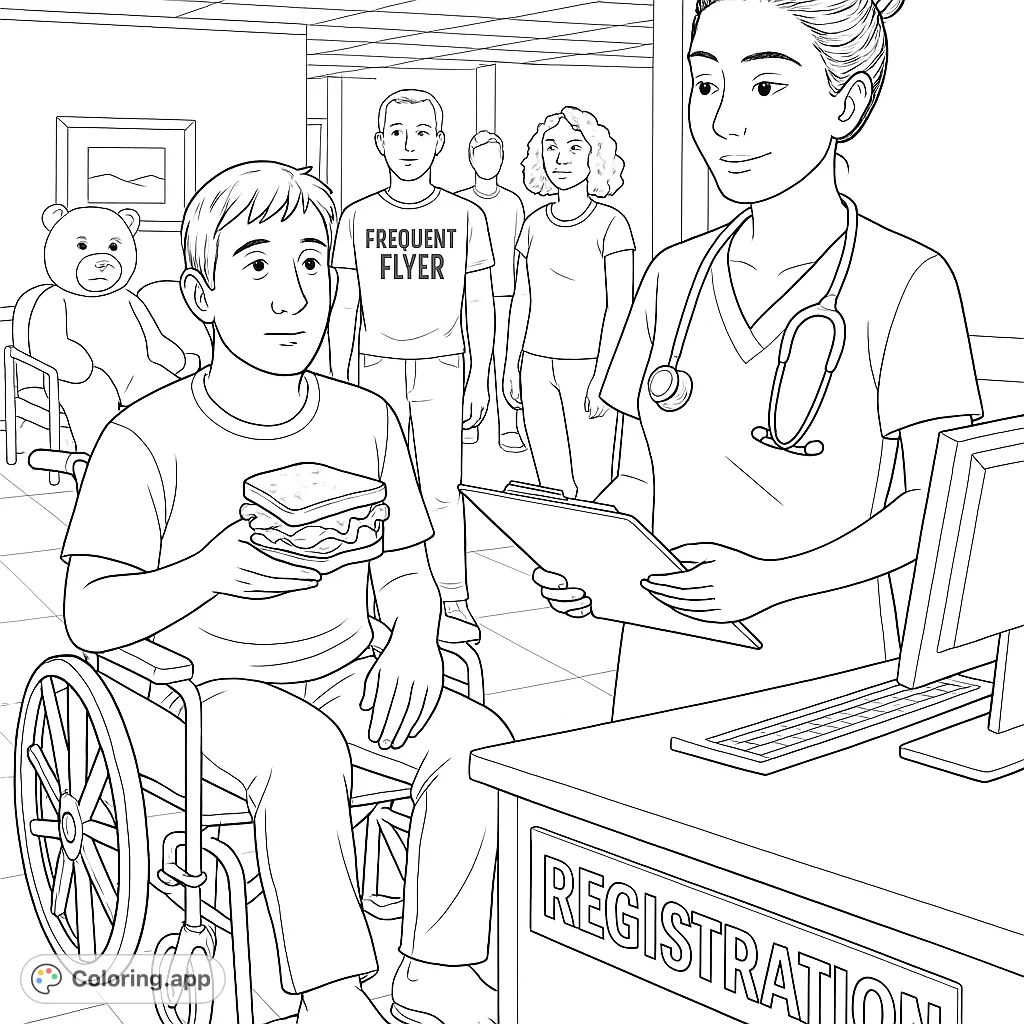 A detailed hospital waiting room scene featuring a patient in a wheelchair, a nurse, and other visitors, perfect for a medical theme coloring page.