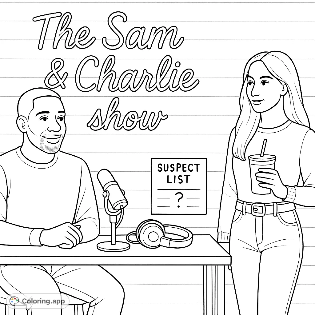 Join Sam and Charlie in their podcast studio, complete with a microphone, headphones, and a mysterious suspect list. A fun, engaging scene for all ages.