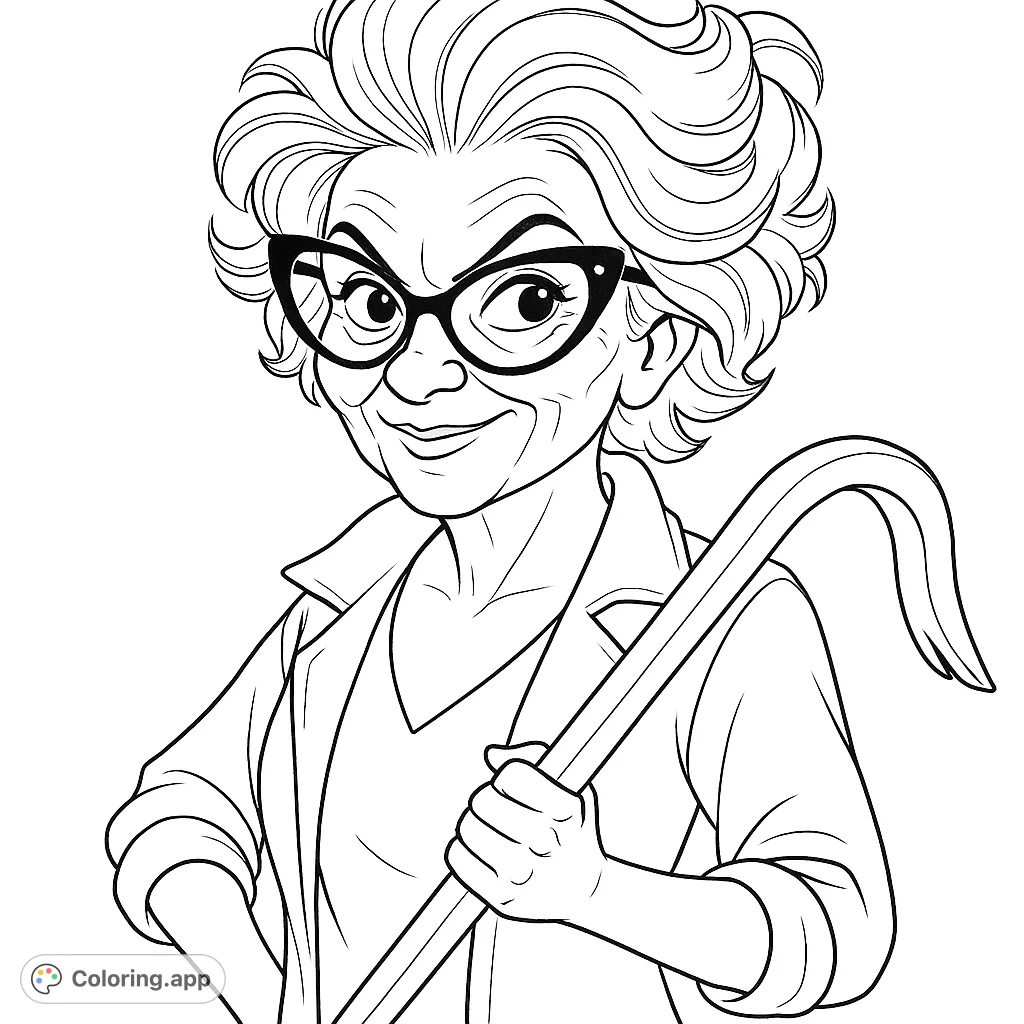 Color a cool, stylish woman with cat-eye glasses and a crowbar. A unique portrait for creative expression and a touch of rebellious charm.